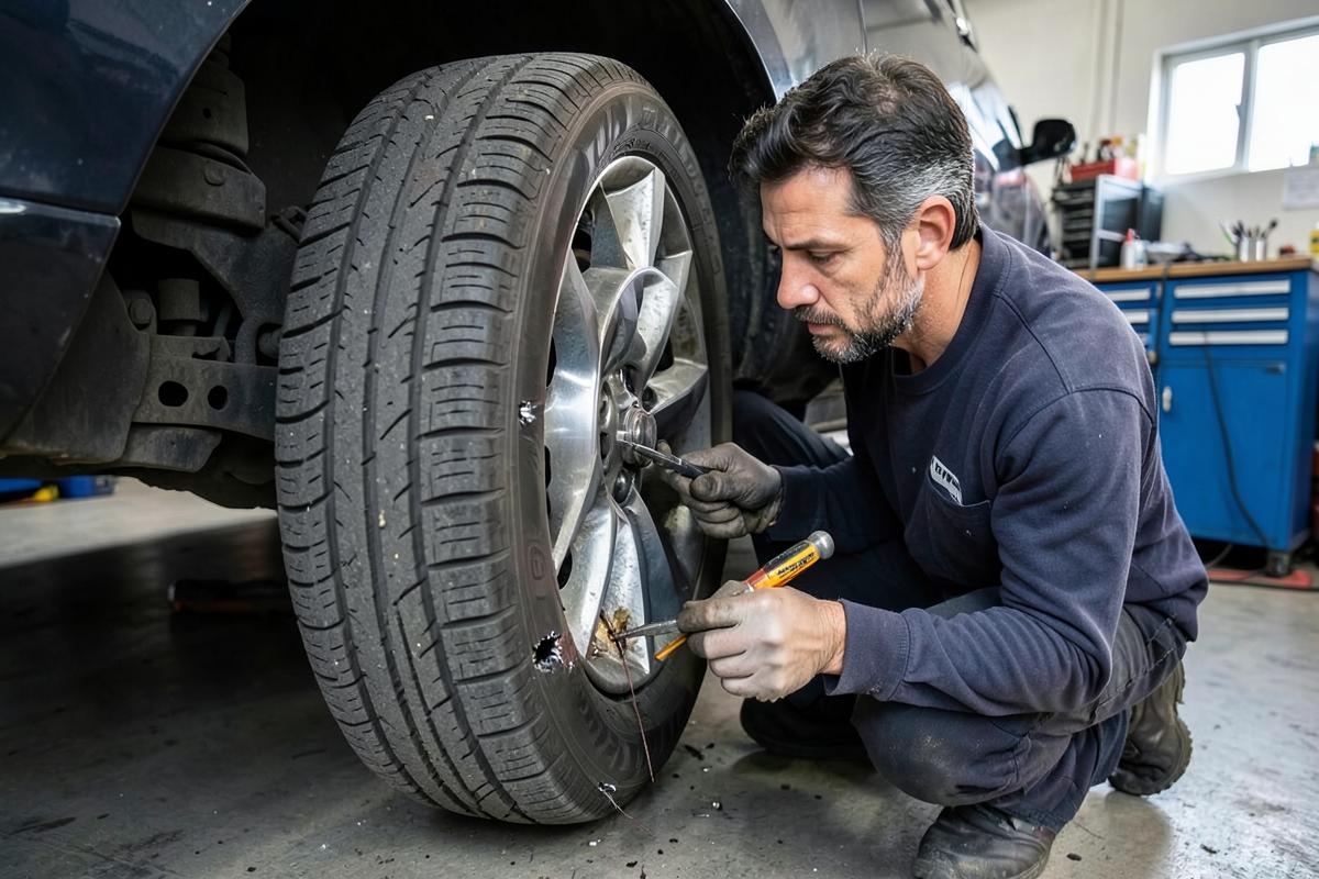 Monteur repareert een lekke autoband in de werkplaats