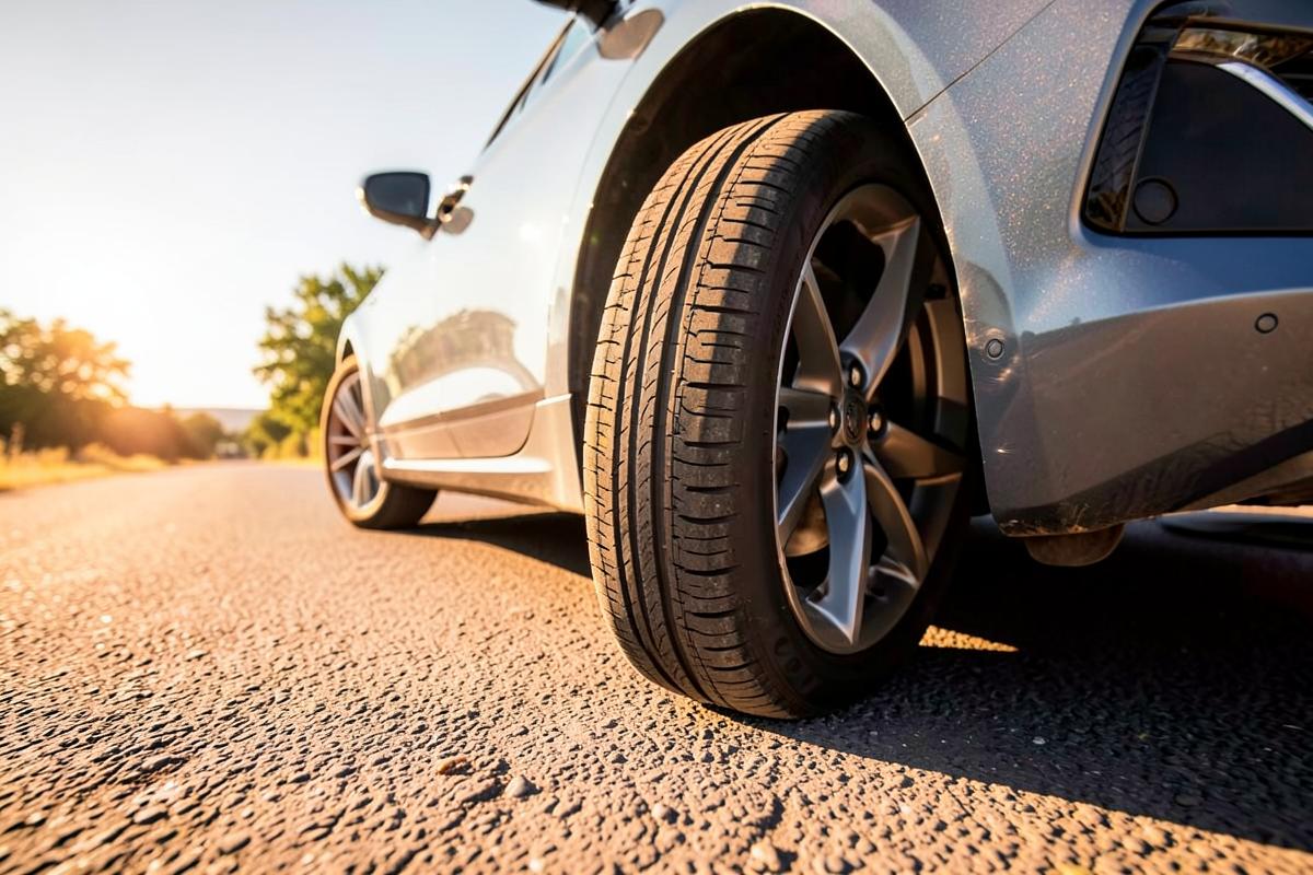 Zomerband van een auto op droog asfalt bij zonnig weer